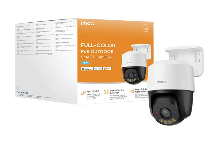 PS7F 5MP | Тип: поворотная уличная (PoE Pan&Tilt) 0–355° (Г) / 0–90° (В) | Разрешение: 5 МП (2880 × 1620) | Частота кадров: до 25/30 fps | Кодек: H.265 / H.264 | Питание: PoE / 12V DC (12V 1A) | Объектив: фиксированный 3.6 мм | Угол обзора: 76° (Г), 41° (